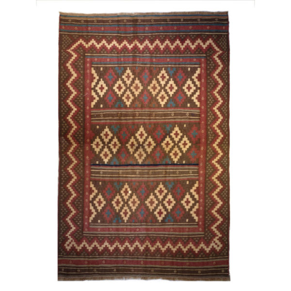 One Of A Kind Traditional Brown Red Ivory Wool Rug 6940